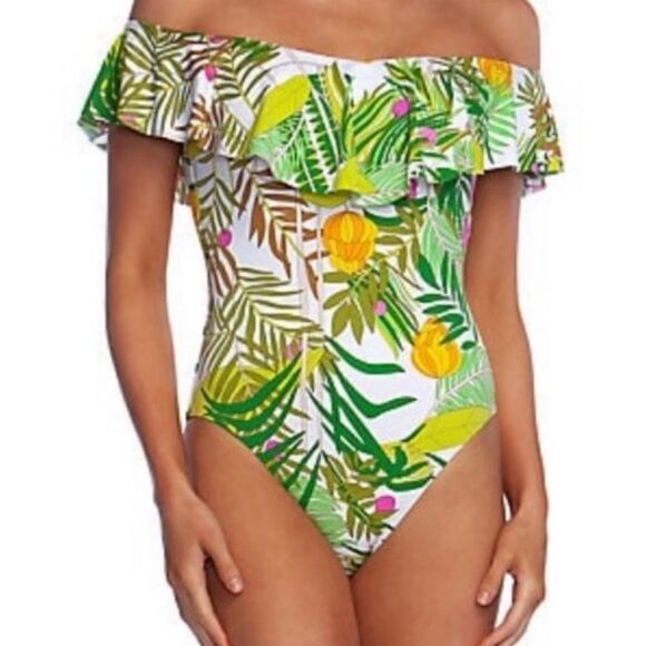 Trina Turk Green Fern Pattern Ruffle Shoulder One Piece Bathing Suit. - Picture 3 of 9